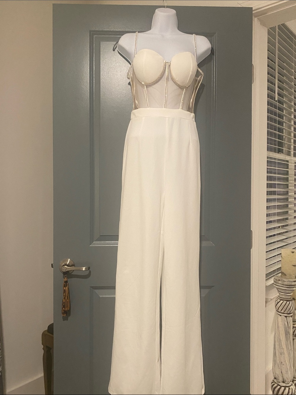 Cream High-Waist Wide-Leg Jumpsuit with Sheer Structured Bodice